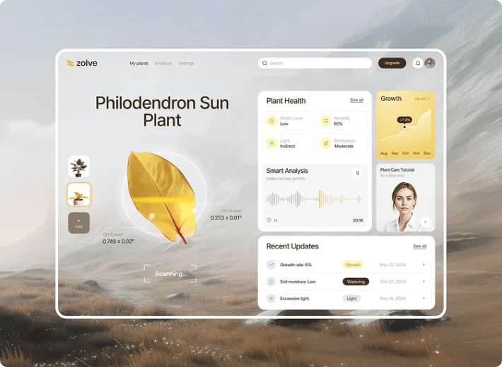 Tableau de bord Zolve pour le suivi intelligent des plantes